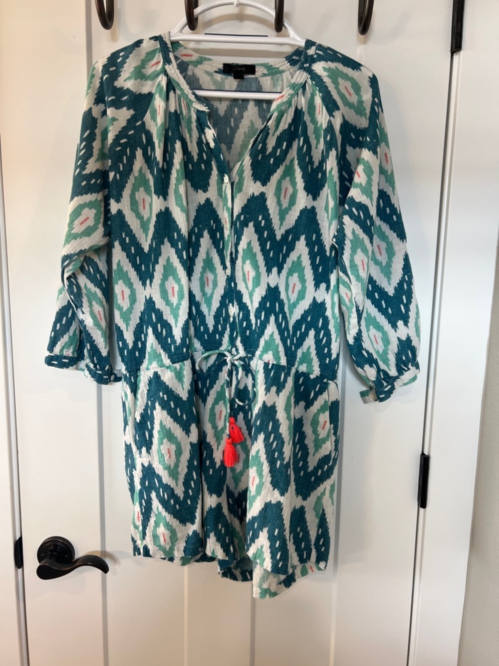 J.Crew Boho Ikat Romper Tassel Tie Waist Blue Green Print Size Medium Summer